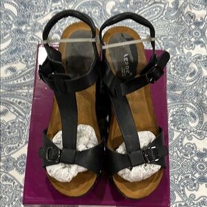 Black Leather wedge sandals with chunky heel